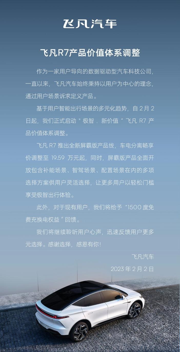 年內(nèi)二次降價(jià)，飛凡R7起售價(jià)降至19.59萬元起